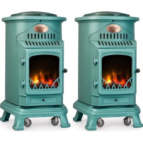 Pack de 2 Poêles à gaz Provence Vert en fonte 3,4KW Effet feu de bois Chauffage d'appoint gaz sur roues Sahara (1/5)