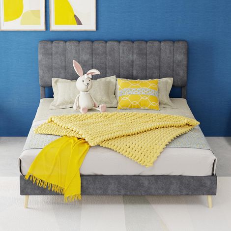 Lit rembourré moderne et minimaliste avec tête de lit souple, 140 x 200 cm, gris, meuble de chambre multifonctionnel, sommier bas (sans rangement), matelas non inclus. (1/5)