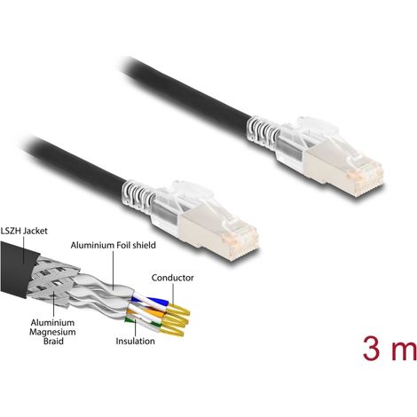 Delock Cable de red RJ45 Cat.6A S/FTP con juego de clips de seguridad, 3 m, negro