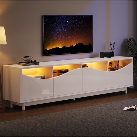Mobile TV bianco lucido con ante curve in vetro temperato e illuminazione LED, per camera da letto e soggiorno, 175 x 38 x 51 cm (1/5)