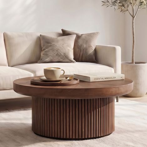 Tavolino da caffè rotondo - 78 x 78 x 38,5 cm - piano con motivo parquet e base cilindrica scanalata con piano spesso - stile moderno - mdf - noce (1/5)