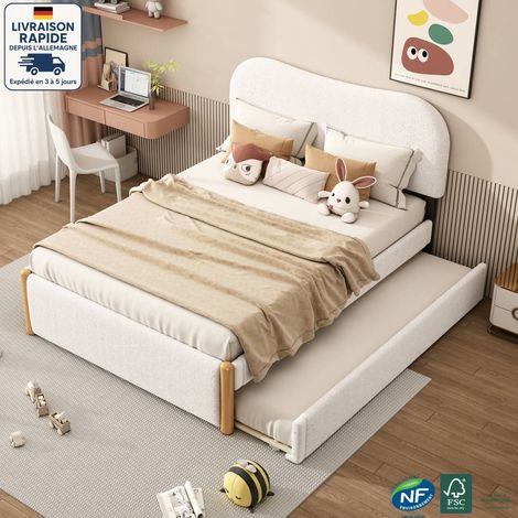 Modfu – Lit gigogne 140x200 cm – Tissu bouclé blanc – Dimensions intérieures 90x190 cm – Capacité 200 kg – Assemblage requis (1/5)