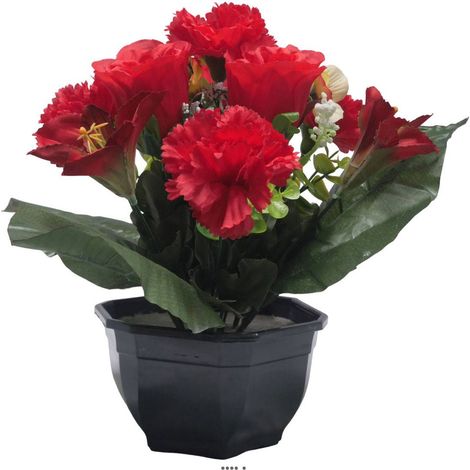 Vasque de Dahlia, Chrysantheme, bouton de rose, Pensée et mini fleurs Rouge artificiels - Toussaint - couleur: Rouge