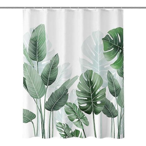 Rideau de douche anti-moisissure, motif feuilles vertes et plantes, en polyester déperlant et lavable. (1/5)