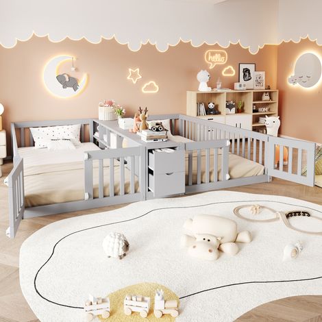 Letto per bambini 219.6x204x33.5 cm con due letti 90x200, scaffale aperto, 2 cassetti, legno grigio (1/5)