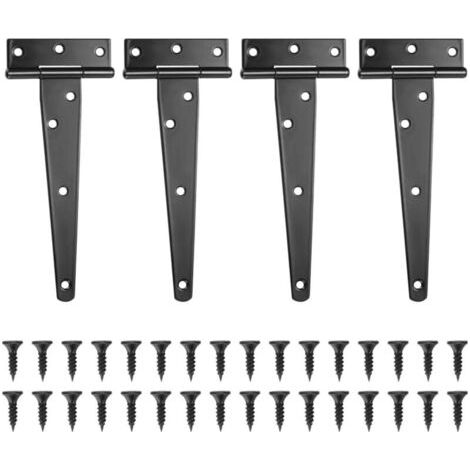 Lot de 4 Charnières en T-Noires Charnière Porte de Grange-Charnières de Portes-Charniere Plate Inox pour Portails-Abris de Jardin