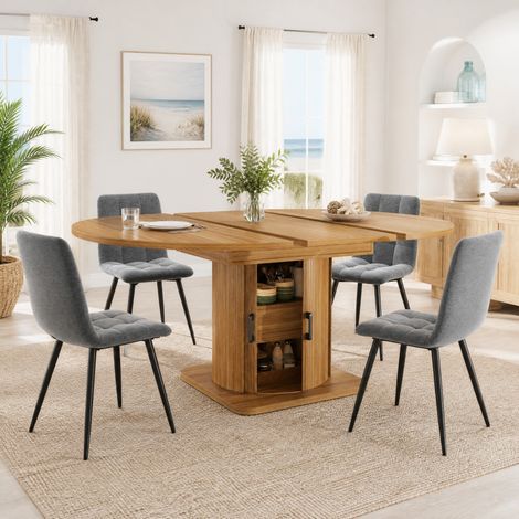 Conjunto de comedor extensible 118-158x118x76 cm, con almacenaje, diseño ergonómico, MDF y lino negro marrón (1/5)