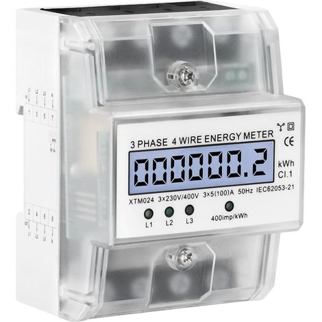 Compteur électrique numérique 3 phases 4 fils 230 V/400 V 5-100 A pour rail DIN, compteur d'énergie LCD comme compteur intermédiaire avec affichage kWh pour la mesure de la consommation d'énergie (1/5)