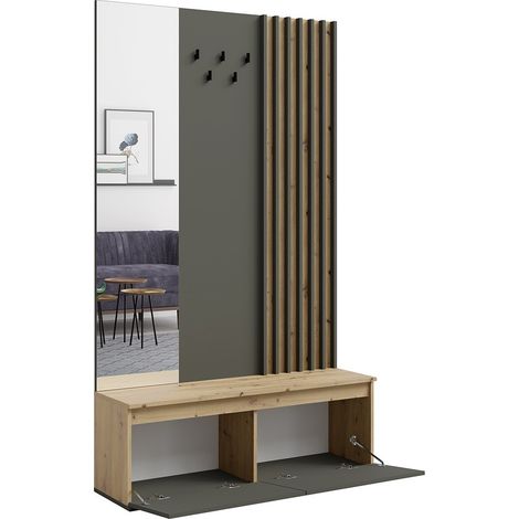 Flurmöbel mit Garderobenständer und Spiegel 120 cm - helles Eichenholz und anthrazitgrau - Kollektion NEMO (1/2)