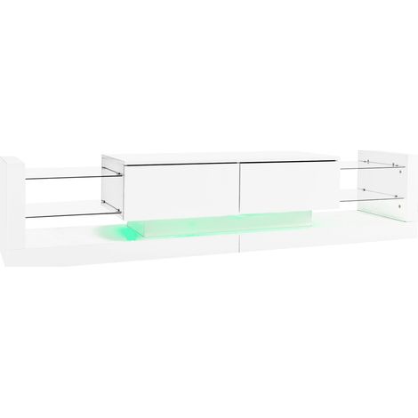 Meuble TV blanc laqué avec éclairage LED et 2 tiroirs rabattables, 181 cm pour TV jusqu'à 80 pouces (1/5)