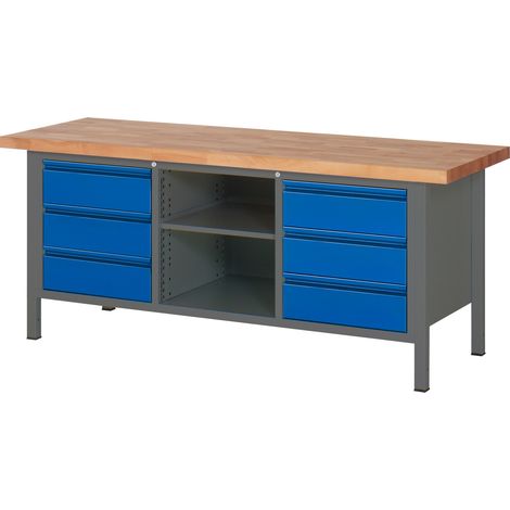 STIER Höhenverstellbare Werkbank Premium mit 6 Schubladen und einem offenen Fach BxTxH 2000x700x840-1040mm anthrazitmetall / RAL 5010