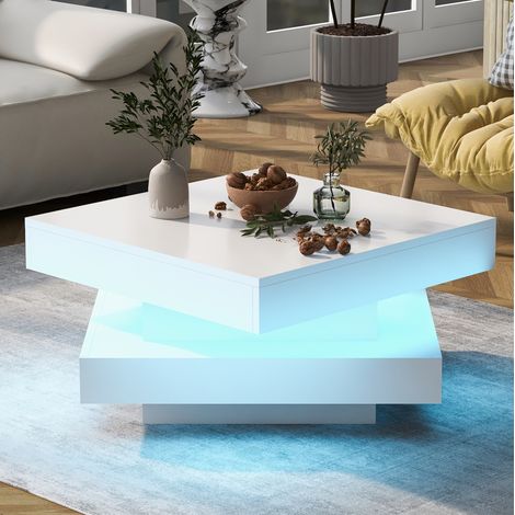Couchtisch 360° drehbar mit LED 70x70x36 cm Weiß Hochglanz OKMYHOME (1/5)