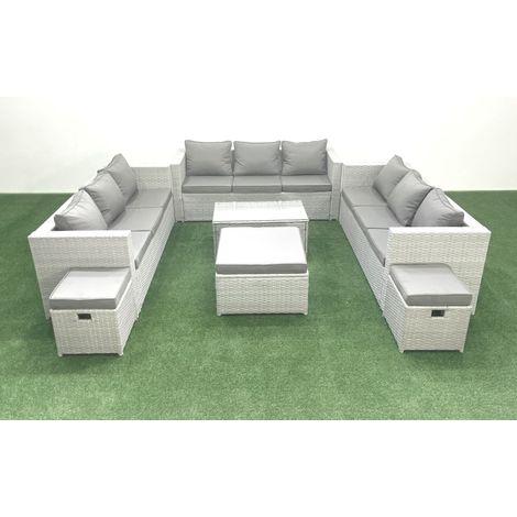 Fimous Gartenmöbel im Freien Polyrattan 12-Sitzer Garten Sofa Couchtisch Set mit 3 Hockern Hellgrau gemischt (1/4)