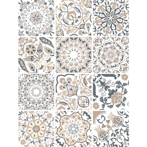 Planche de 12 Stickers Carreaux de Ciment Thistle – Autocollants Muraux Décoratifs Beige, Gris et Blanc – 20 x 20 cm