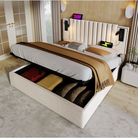 CHICFURN Cama con canapé 140x200 cm de algodón beige con luz de lectura y puertos USB, sin colchón (1/5)