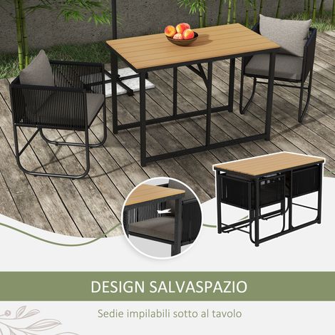 3-teiliges Gartenmöbelset aus Rattan mit 2 modernen Stühlen 50x51,5x67 cm und einem rechteckigen Tisch 110x60x75 cm aus Holzwerkstoff, schwarz, grau und holzfarben.