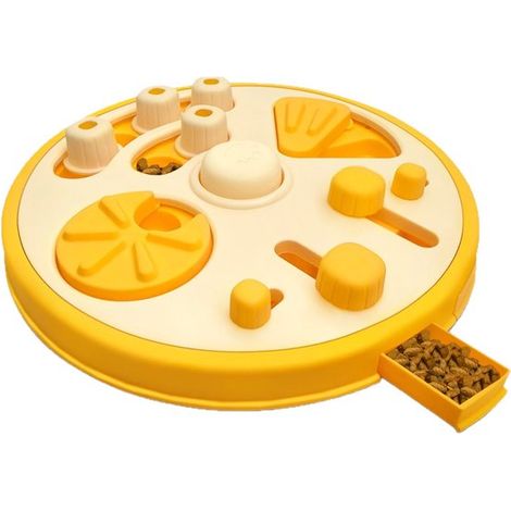 Rompecabezas para perros – Comedero interactivo de alimentación lenta – Antideslizante y con compartimento para la comida – Bandeja con tapa abatible – Amarillo (1/4)