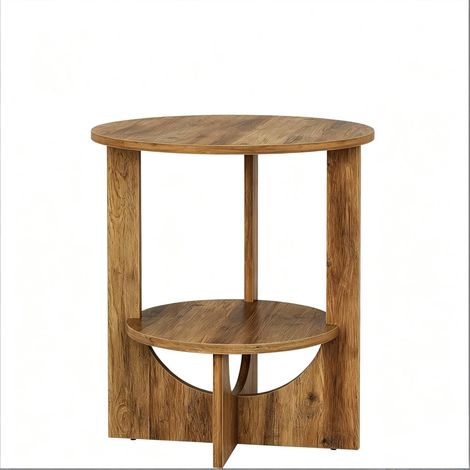 Mesa auxiliar redonda de MDF color marrón rústico con dos niveles y estructura en X (1/5)