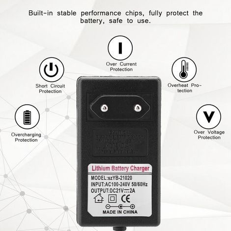 Universelles Netzteil, DC 21 V 2 A / AC 100–240 V 50 Hz/60 Hz, Akkuladegerät, Ersatzteil für Lithium-Ionen-Akkus, sicheres 2-A-Ladegerät mit Hochstrom-Schnelllade-LED-Anzeige (1/2)