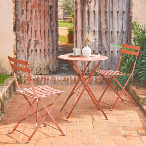 Table de jardin bistrot pliante métal + 2 assises tomette Ø60 x 70cm. acier thermolaqué