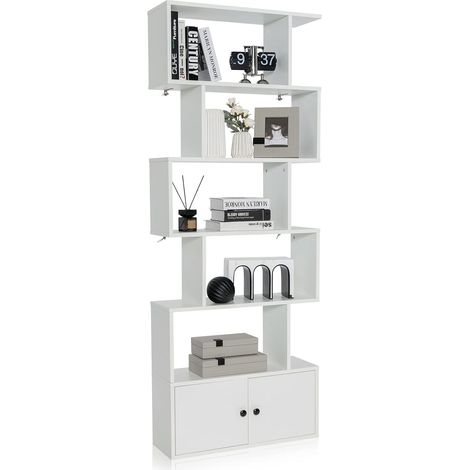 GOPLUS Bibliothèque étagère de Rangement à 5 Niveaux en Forme S avec Armoire Dispositif Anti-Basculement, Meuble de Rangement Polyvalent en Bois pour Salon Chambre Bureau Cuisine, Blanc (1/5)