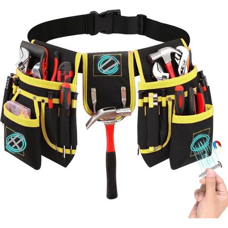 Ceinture porte-outils magnétique avec ceinture amovible et réglable en tissu Oxford robuste. Convient aux électriciens, charpentiers et ouvriers du bâtiment. Coloris jaune et noir. (1/5)
