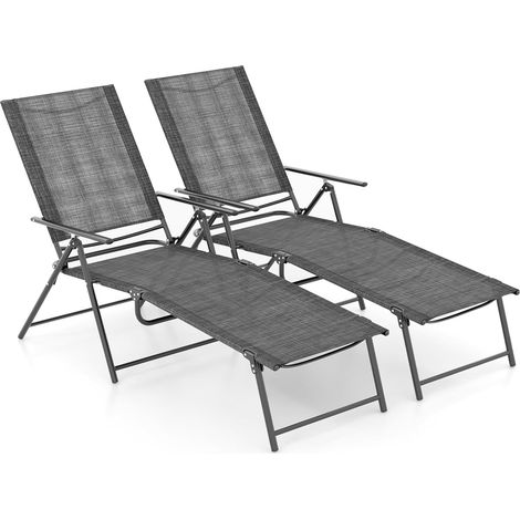 COSTWAY Lot de 2 Chaises Longues Pliantes, Bain de Soleil en Cadre Métallique, Chaise Longue d'Extérieur avec Dossier Réglable à 6 Positions, Transat de Jardin, pour Piscine, Patio, Charge 150KG (1/5)