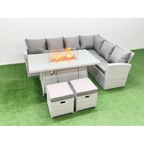 Fimous 8 Seat Rattan Garden Furniture Corner Sofa Set Outdoor Gas Fire Pit Table Set with 2 Small Footstools Light Grey (1/4)