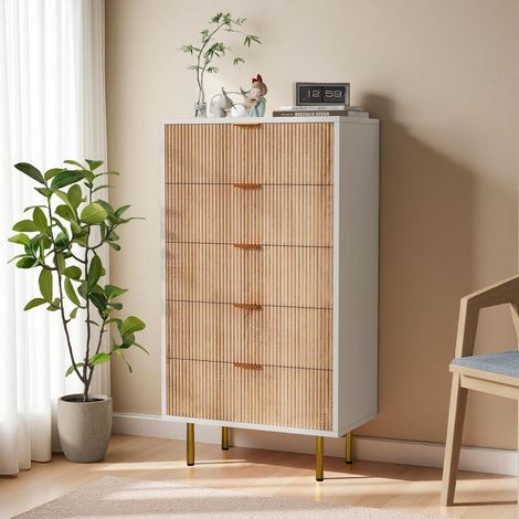 Kommode mit 5 Schubladen, Holzoptik, goldene Metallfüße, weiß (1/5)