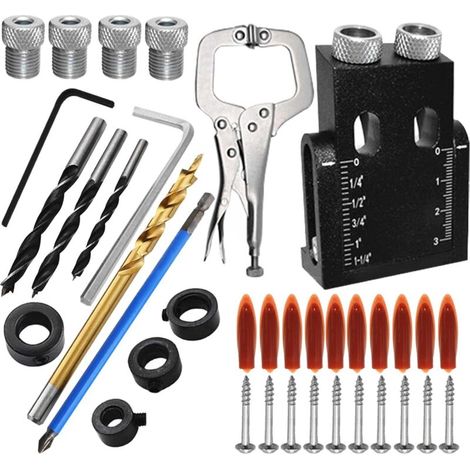 Kit de gabarit de forage de poche, kit de gabarit à vis de poche, Outils du système de forage Locator, Outils de menuiserie à angle de 15 °(39PCS) (1/5)