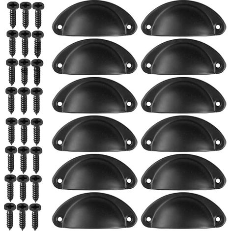 12Pcs Poignée Coquille Rétro Poignee de Meuble Vintage Bouton Tiroir Poignée avec Vis pour armoire de porte de placard de cuisine (Noir) (1/4)