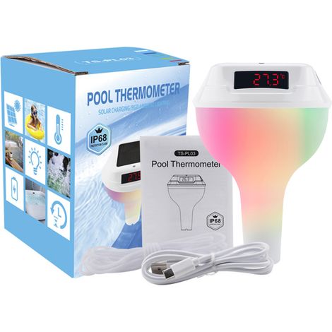 Pool Thermometer with Dual Charging Modes Solar Charging High Accuracy LED Display RGB Ambient Light Timer Function Child Lock IP68 Waterproof White (1/5)