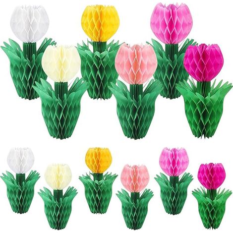 Lot de 12 fleurs en papier, tulipes, boules alvéolées, fleurs en papier 3D à suspendre, décoration de table, décoration printanière, boules alvéolées en papier pour la fête des mères, salon, table (1/5)