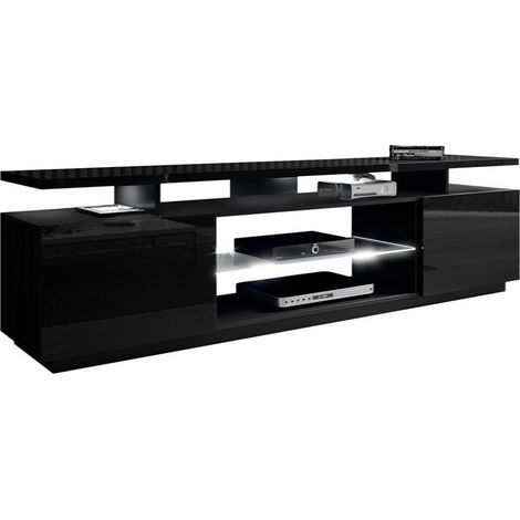 Meuble TV Figura, Noir + Noir brillant, Le nombre de portes: 2, Nombre de tiroirs: 0, 180x56x40cm, LED: Disponible