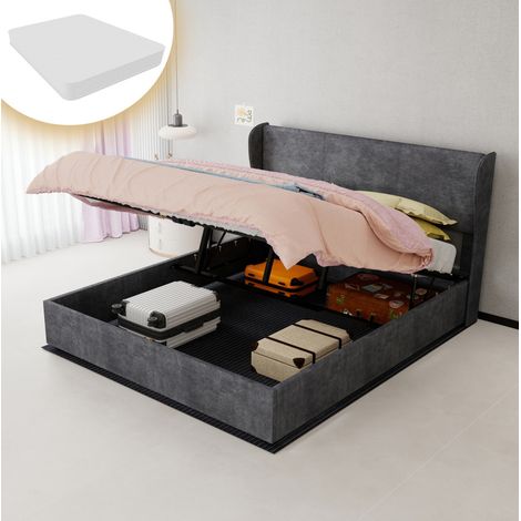 Cama moderna tapizada gris 160x200 cm con cabecero y base de almacenaje elevable