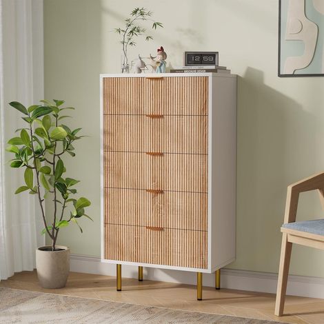 Kommode mit 5 Schubladen, Sideboard Holz, moderner Schubladenschrank Weiß+Naturholz (1/5)