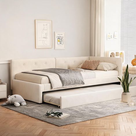 Cadre de lit beige en velours 210 x 97 x 71 cm (1/5)