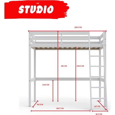 Hochbett STUDIO 90x200 + 1 Bettkasten / Weiß/ B209xT151xH195 (1/3)