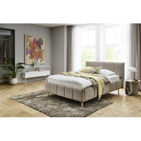 Meise Möbel Stauraumbett Alva 140x200 cm Bettkasten & Lattenrost Bouclé-Stoff Cappuccino Holzfuß eichefarbig (1/5)