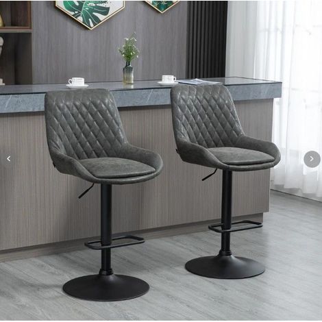 Lot de 2 tabourets de bar en similicuir gris foncé, hauteur réglable 63-83 cm, dossier haut, repose-pieds, base en acier (1/5)