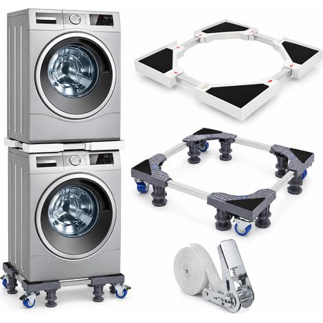 Kit de superposition universel pour lave-linge et sèche-linge, base mobile réglable de 43 à 60 cm, cadre réglable de 46 à 72 cm, 4 roues avec frein, 8 pieds anti-vibrations, sangle à cliquet (1/5)
