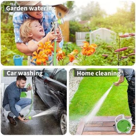 Enrouleur de tuyau d'arrosage télescopique (vert), 14 m, portable, avec 7 modes d'arrosage, pour arrosage du jardin, lavage de voiture et animaux domestiques (1/5)
