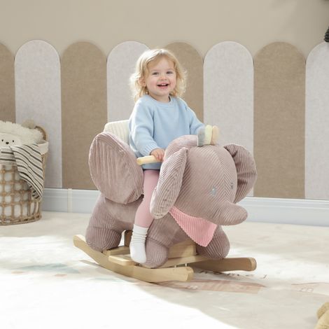 Cheval à bascule pour bébé avec son d'éléphant et harnais de sécurité 3 points, socle en bois marron (1/5)