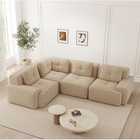 REDOM - Divano angolare modulare 382x104x69 cm, senza montaggio, base antiscivolo, ampi braccioli, velluto a coste beige (1/5)