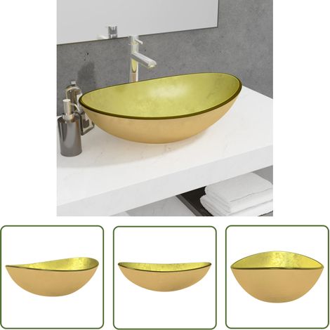 Lavabo vasque à poser Luxueux, Verre trempé Bac à laver, 54,5x35x15,5 cm Doré OIB9524E (1/5)