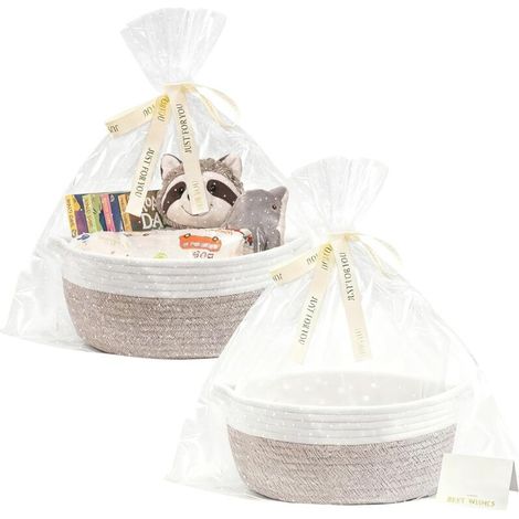 Panier Cadeau, 2 Pièces Panier Cadeau Vide, Panier Tressé avec 2 Sacs Cadeaux Transparents, 2 Rubans Colorés, 2 Cartes de Vœux pour Baby Shower, Anniversaire, Mariage, Fête des Récoltes, Noël (1/5)