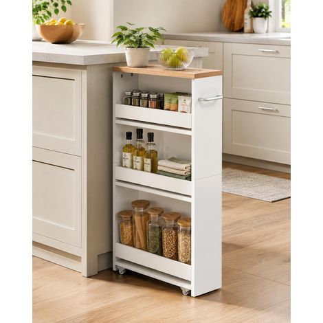 Desserte à roulettes 14 cm, Chariot de Rangement à 4 Niveaux Petit meuble gain de place avec poignée, blanc et chêne, pour le rangement en cuisine, salle de bain ou buanderie. (1/5)