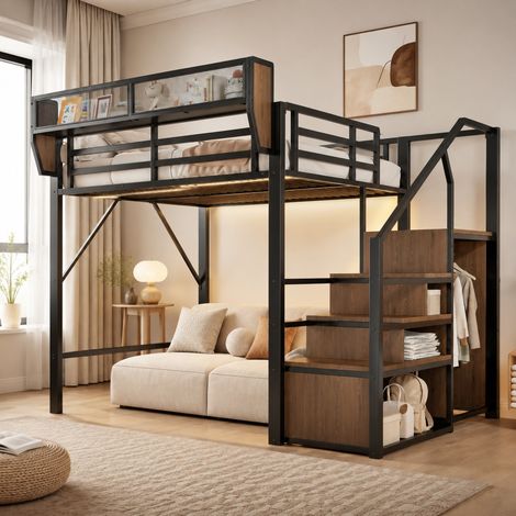 Cama alta 255x145x191 cm, con escalera de seguridad, estante flexible, tira LED, metal, negro (1/5)