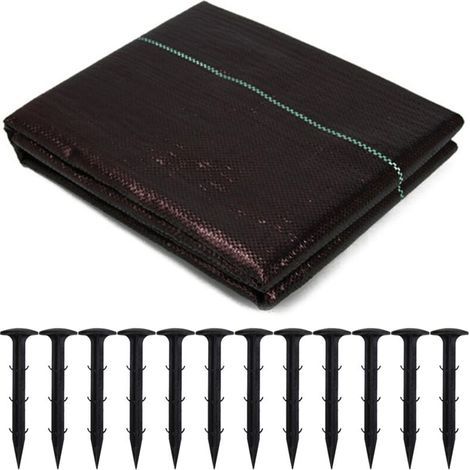 Tissu de contrôle des mauvaises herbes tissé 13m + 12pcs piquets de sol en plastique 11cm (1/4)