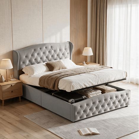 Lit coffre 140x190 cm avec sommier,lit double rembourré 140x190 avec rangement hydraulique, lit capitonné avec tête de lit cloutée design moderne confortable,velours Gris (1/5)